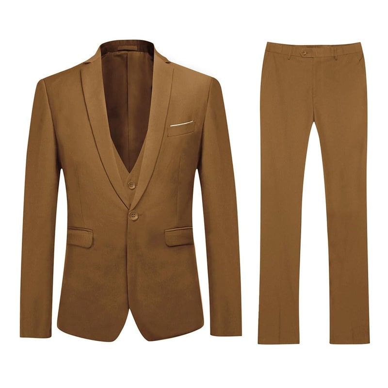 YFFUSHI Men's 3 Piece Suit Sets Slim Fit One Button Blazer with Vest & Pants, Professional Business Wedding Suits Khaki - Image 2